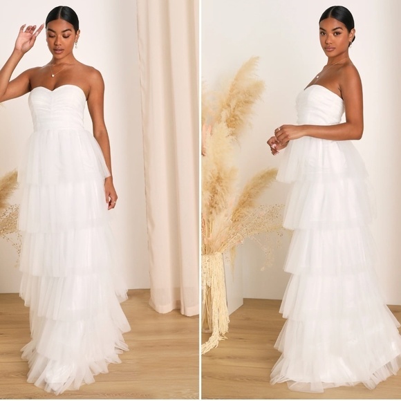 LULU's Elegant White Bridal Sexy Tulle Corset Bustier Tiered Ruffles Boho Gown - Picture 4 of 5